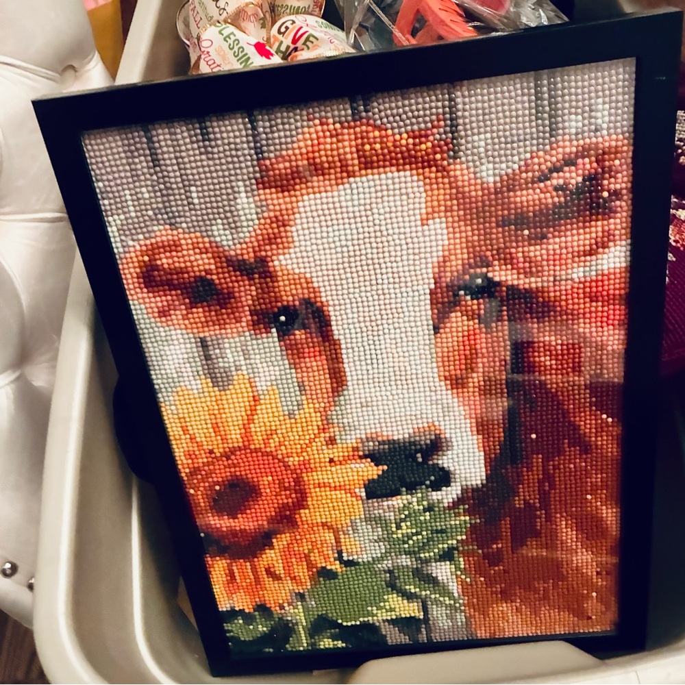 Framed Cow and Sunflower Bead Art